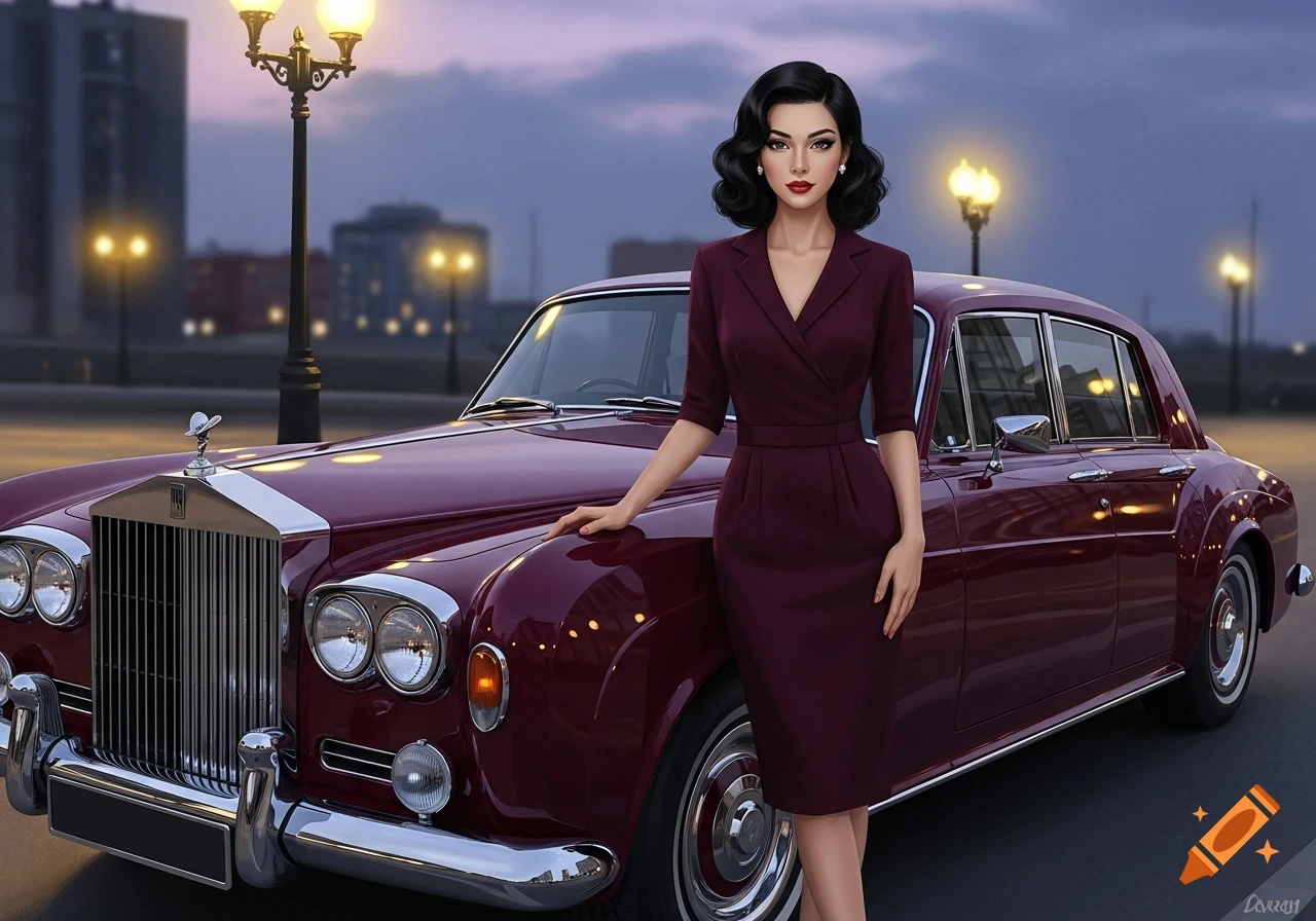 A stylish woman in a burgundy dress stands beside a burgundy classic Rolls Royce car at dusk, with streetlights in the background.