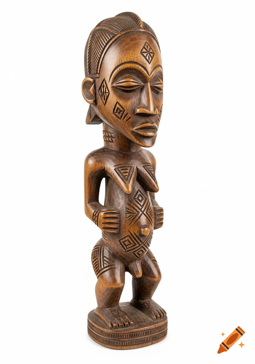 A hand-carved wooden statuette of an African fertility deity, featuring detailed tribal patterns on its body.