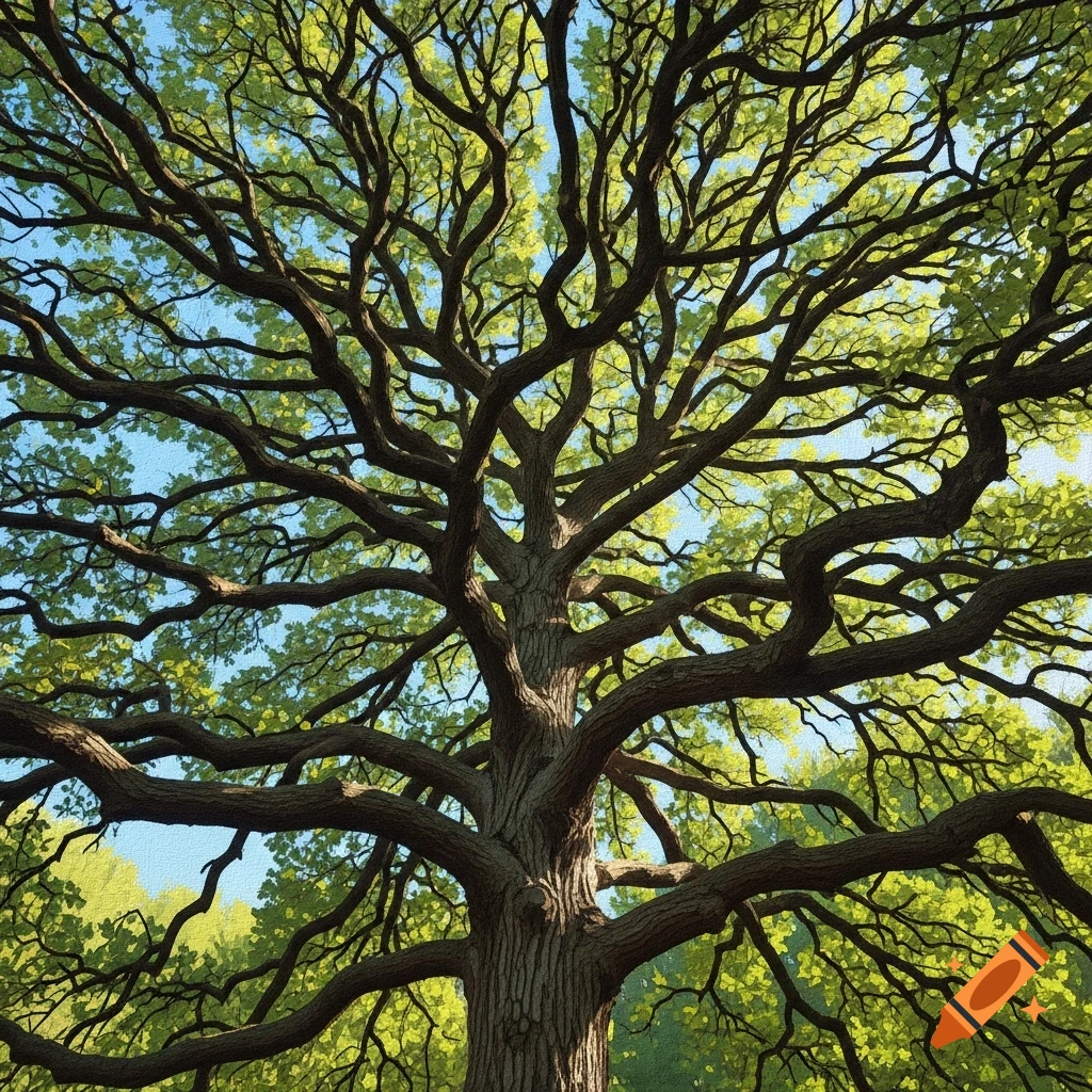 A detailed painting of a large deciduous tree with many branches and green leaves against a blue sky.