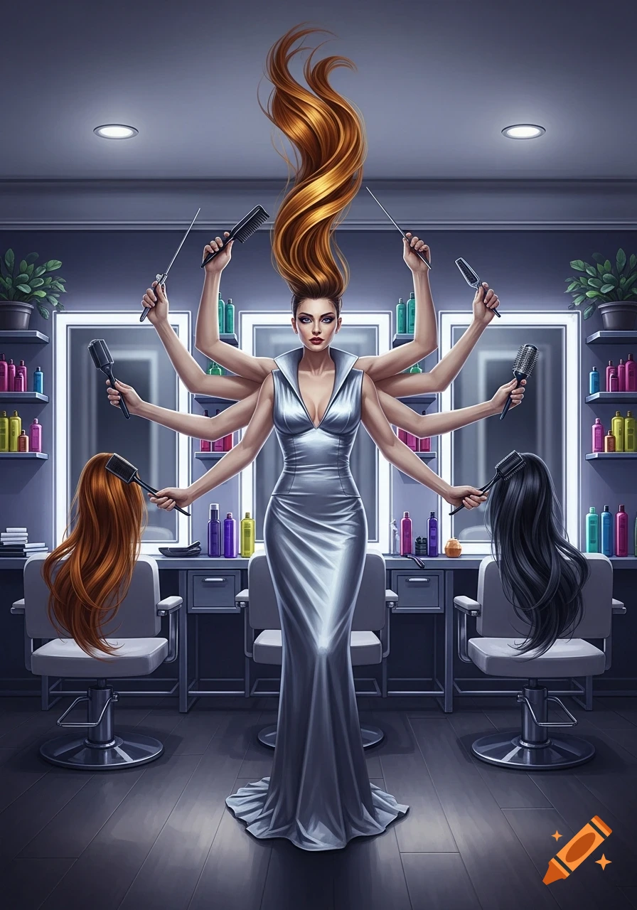 A multilimbed woman in a silver dress with flowing red hair works as a hairdresser in a modern salon.