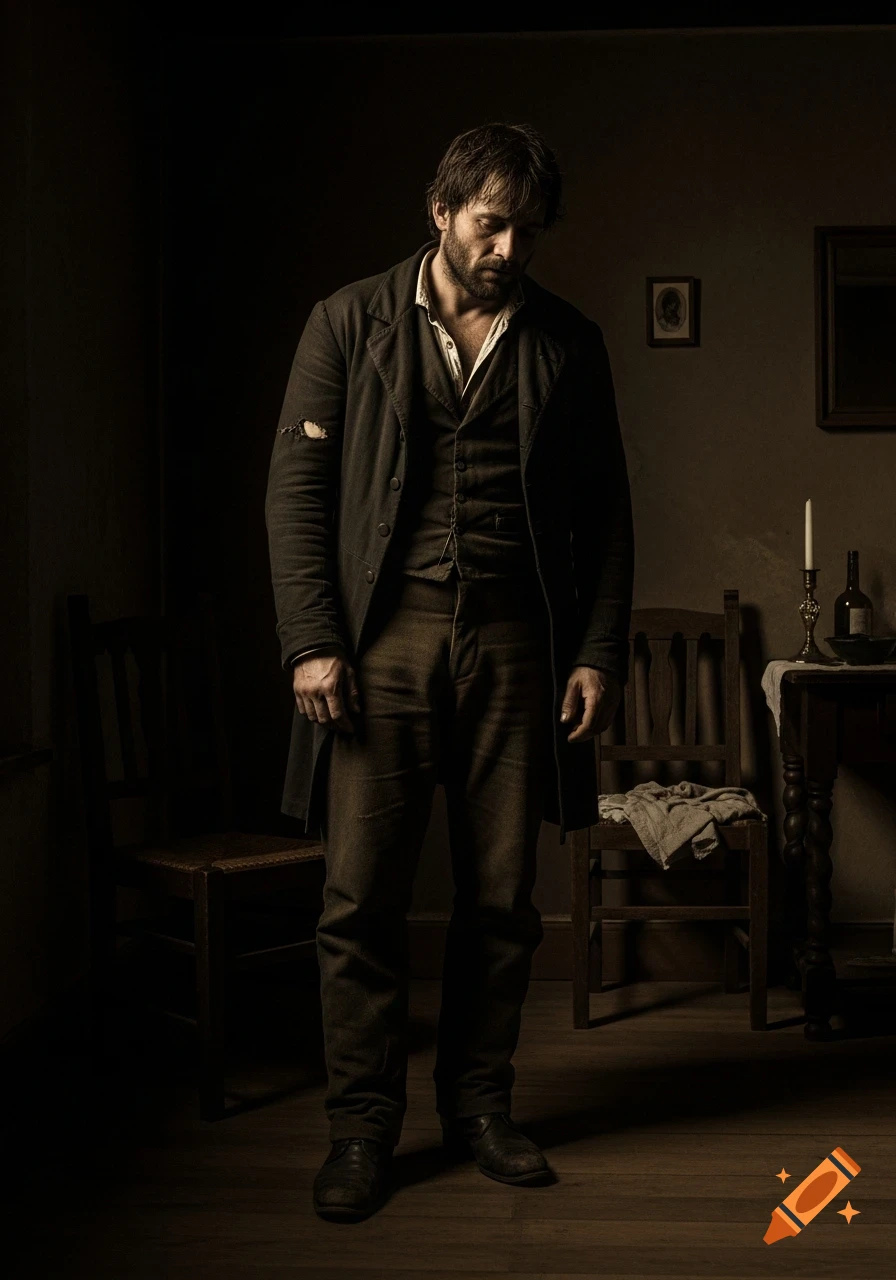 A sad, bearded 19th-century man in dark, worn clothes stands in a dimly lit, sepia-toned room, looking downcast.