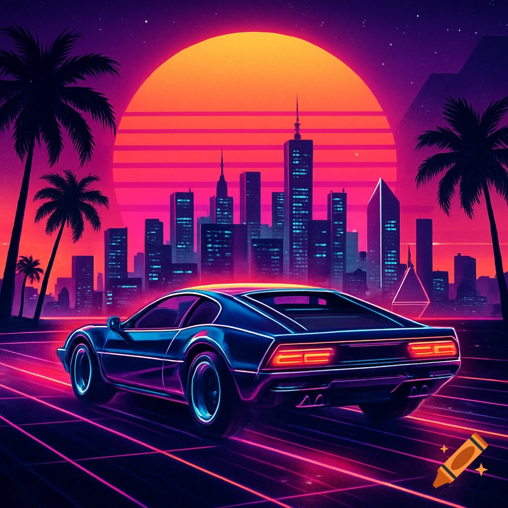 A retro synthwave image features a black sports car on a glowing grid road, with palm trees and a futuristic cityscape under an orange and pink sunset.