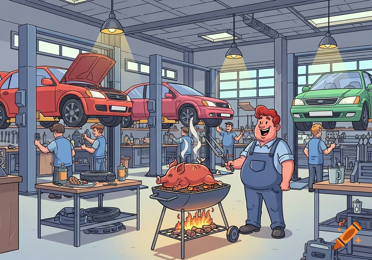 Cartoon of a busy auto repair shop with mechanics working on cars on lifts, and a large mechanic grilling a whole pig.