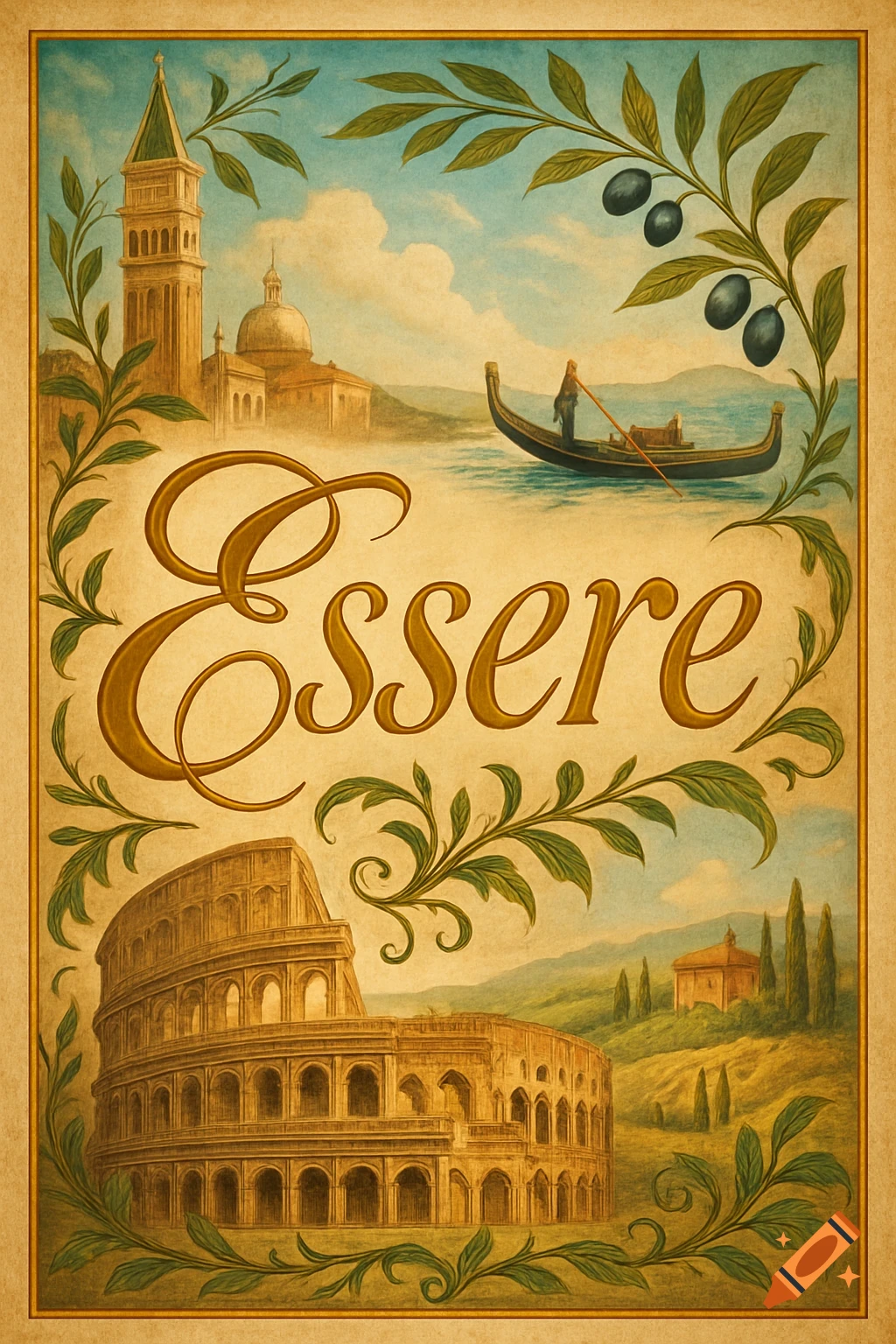 Vintage-style Italian travel poster with 'Essere', olive branches, the Colosseum, a Venetian gondola scene, and a bell tower.