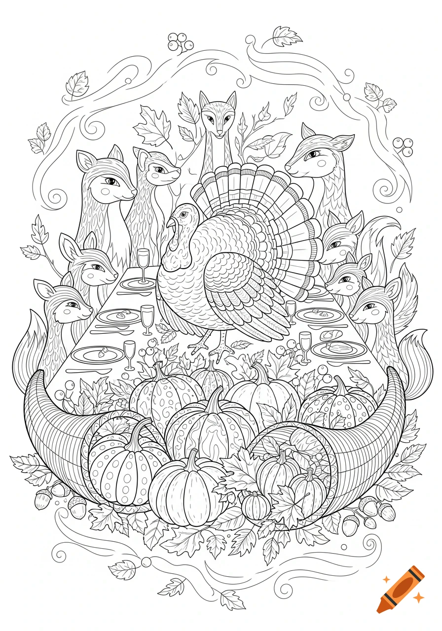 A line art coloring page for Thanksgiving, featuring a turkey standing on a table surrounded by foxes and deer, with a cornucopia filled with pumpkins at the base.