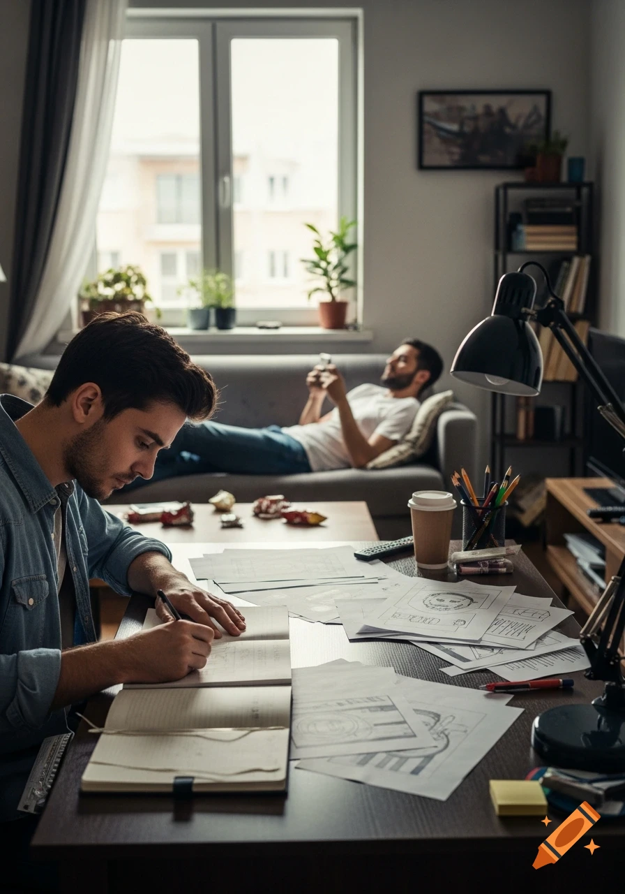 A man in a denim shirt writes in a notebook at a desk with papers, while another man relaxes on a couch with a phone in a sunlit living room.