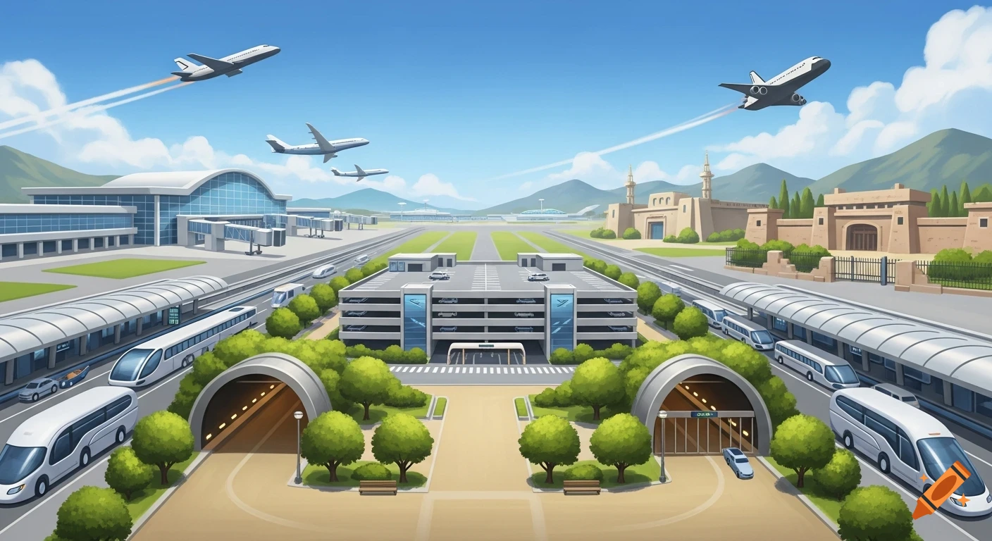 Stylized illustration of a modern airport complex featuring runways, flying planes, trains, buses, parking garage, and mountains.