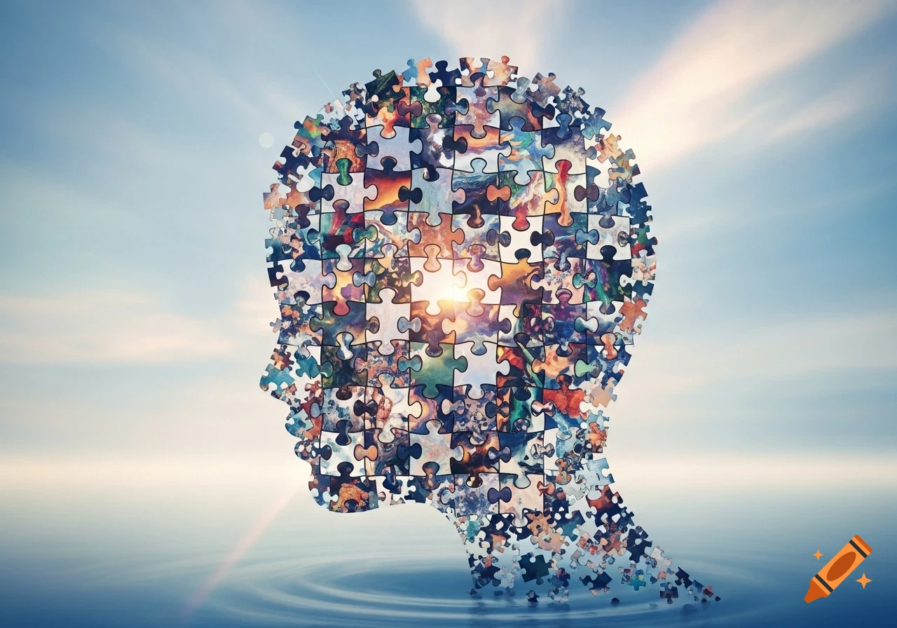 A profile silhouette of a human head formed from colorful puzzle pieces, against a bright sky and calm water.