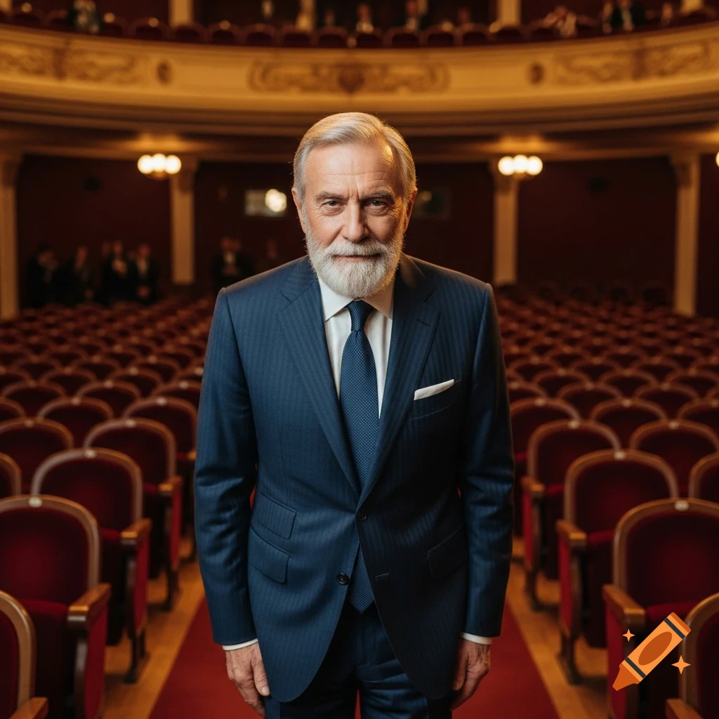Photorealistic portrait of a distinguished older man with a grey beard in a blue pinstripe suit, standing in a grand, empty theater.