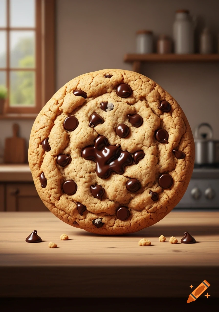 A close-up, photorealistic shot of a large chocolate chip cookie with melted chocolate on a wooden table in a kitchen.