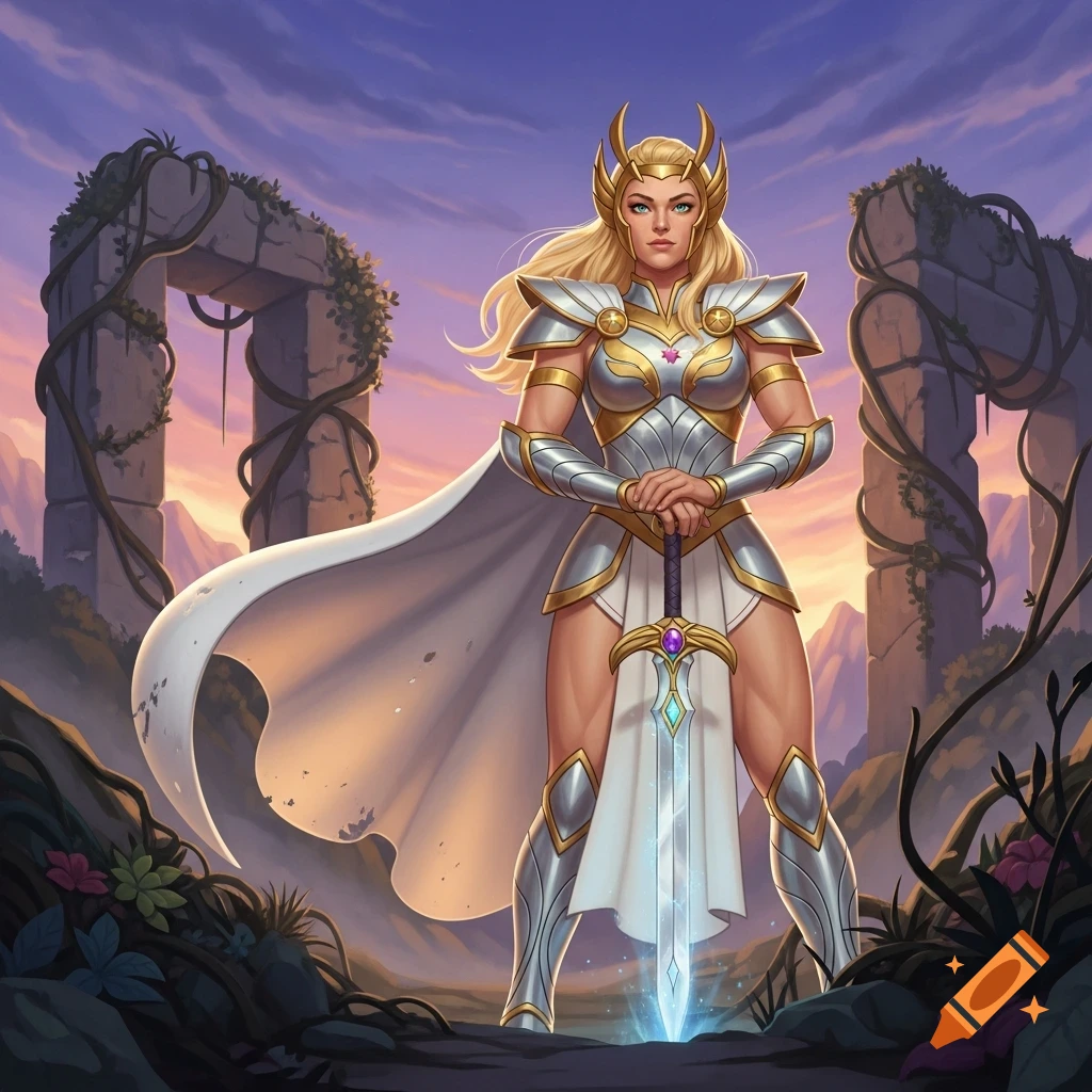 A blonde warrior in white and silver armor, wearing a golden tiara ...