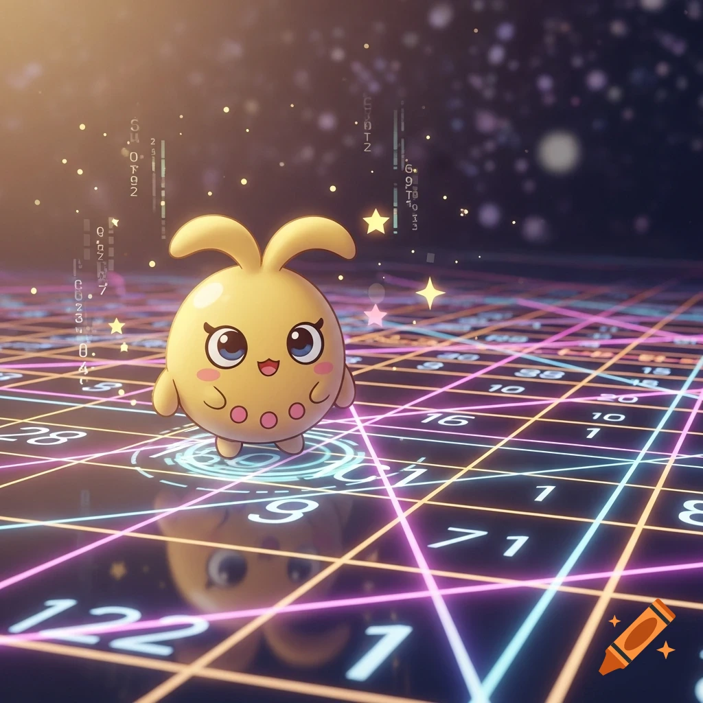 A cute yellow, round creature with bunny ears and pink spots stands on a glowing neon grid plane with numbers and stars, in an anime style.