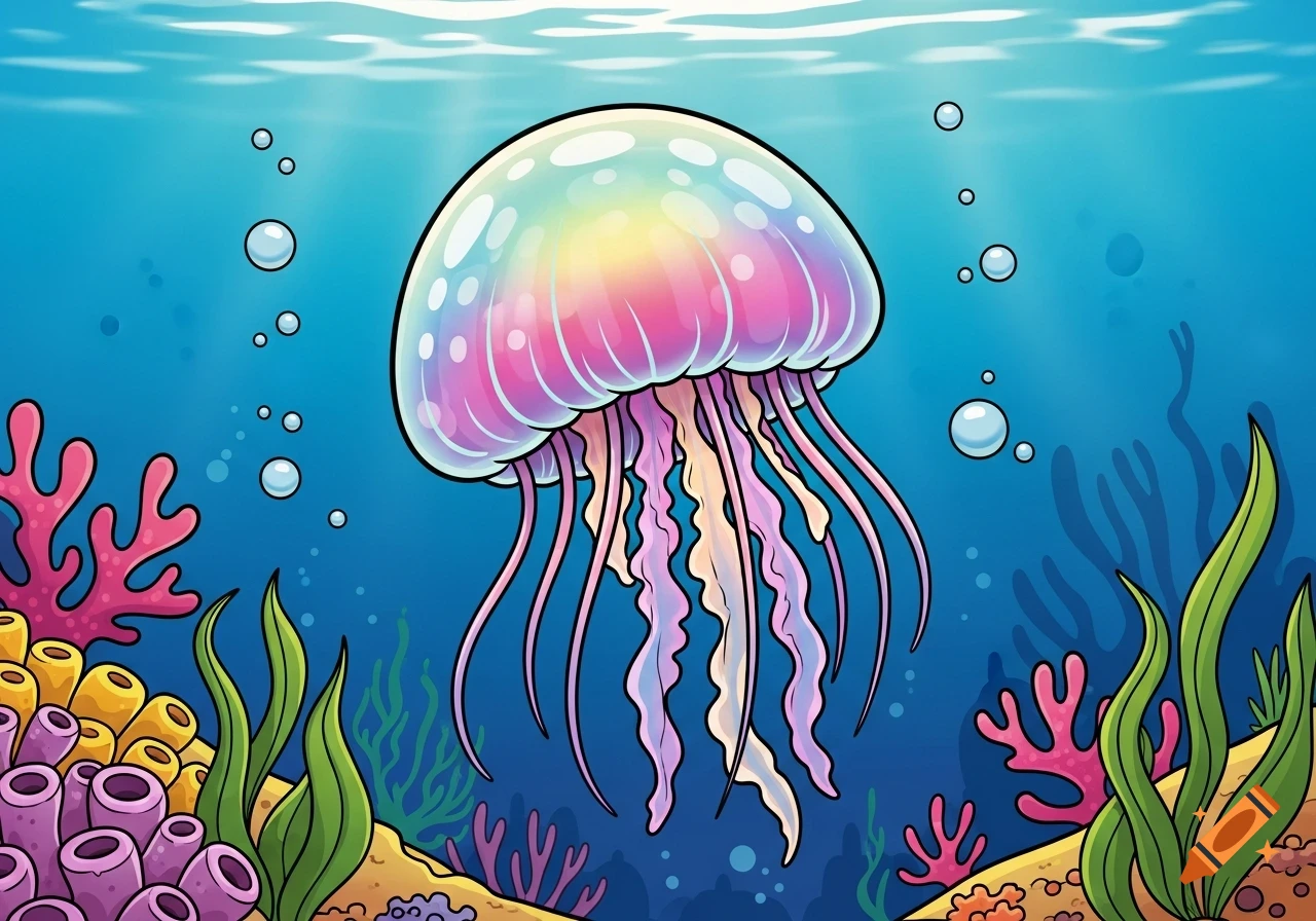 A vibrant cartoon jellyfish with a rainbow-colored bell and long tentacles swims among colorful coral and green seaweed in clear blue water.