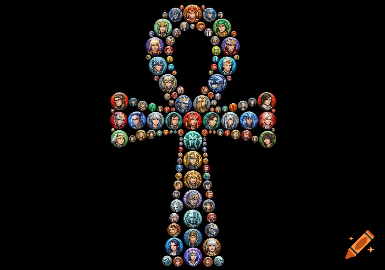 Ankh symbol formed by a mosaic of many circular fantasy character avatars on a black background.