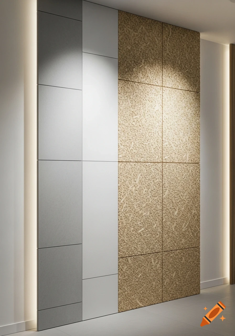 Modern wall design with vertical panels: smooth grey and white on left, textured beige straw on right, illuminated by strip lighting.