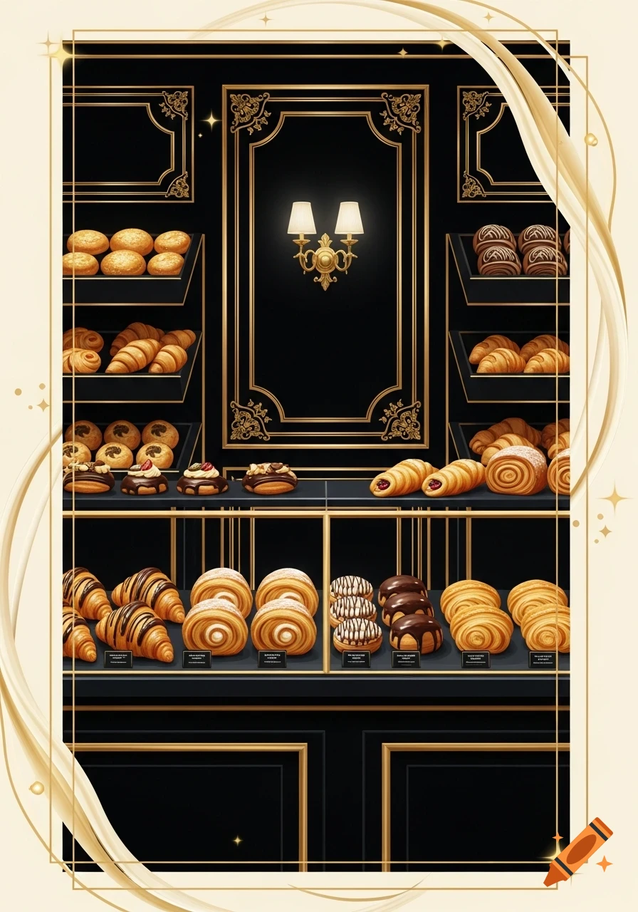 Elegant bakery display in black and gold, showcasing croissants, chocolate buns, and various pastries on shelves with decorative wall sconces.