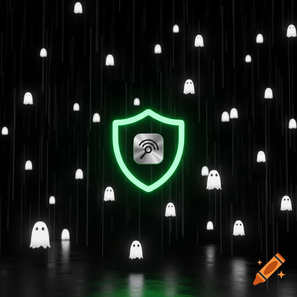 A neon green shield with a search/wifi icon glows in a dark void surrounded by numerous floating white ghost figures and subtle vertical code lines.