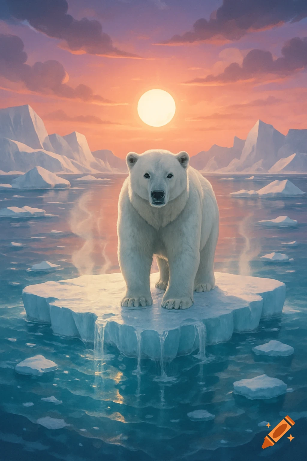 A majestic polar bear stands on a melting ice floe in an arctic sea at sunset, with icebergs and a warm sky.