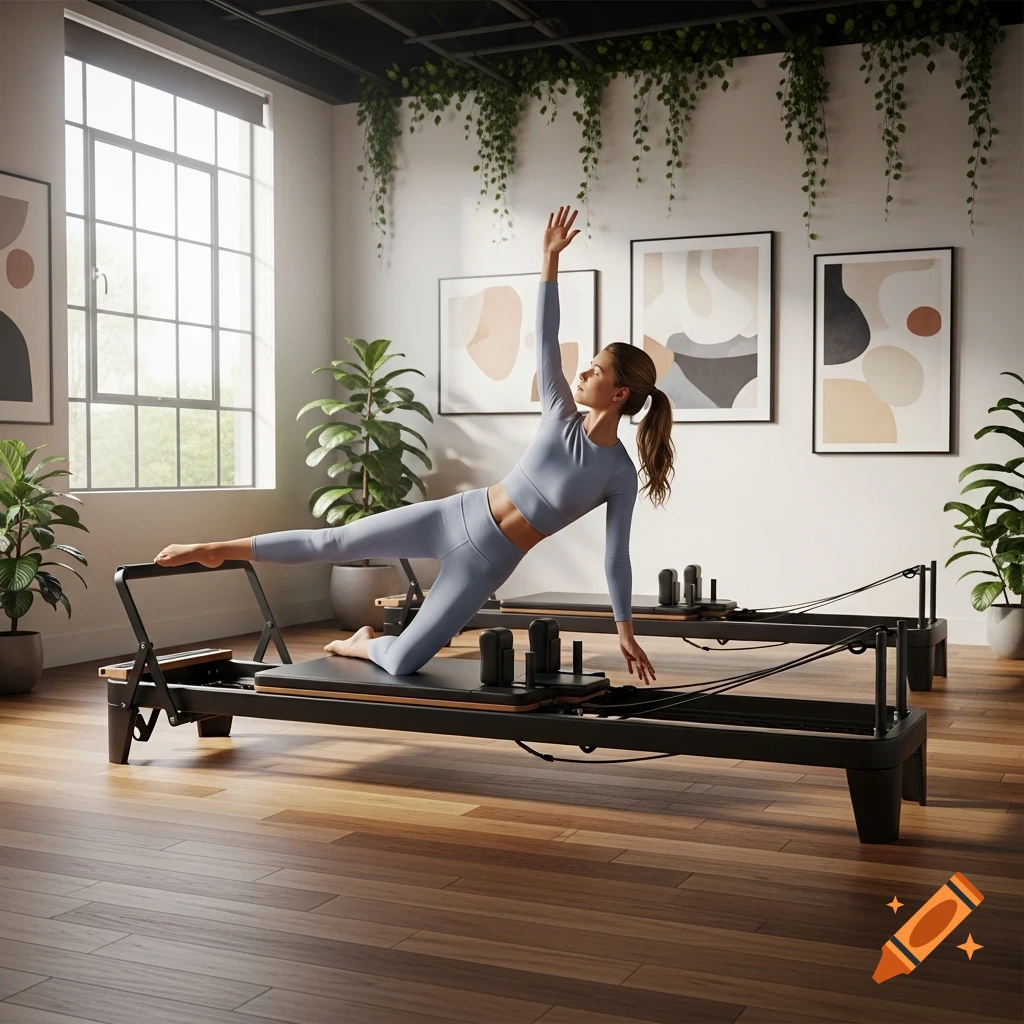 A woman in blue athletic wear performing a pilates exercise on a reformer machine in a bright, modern studio with plants.