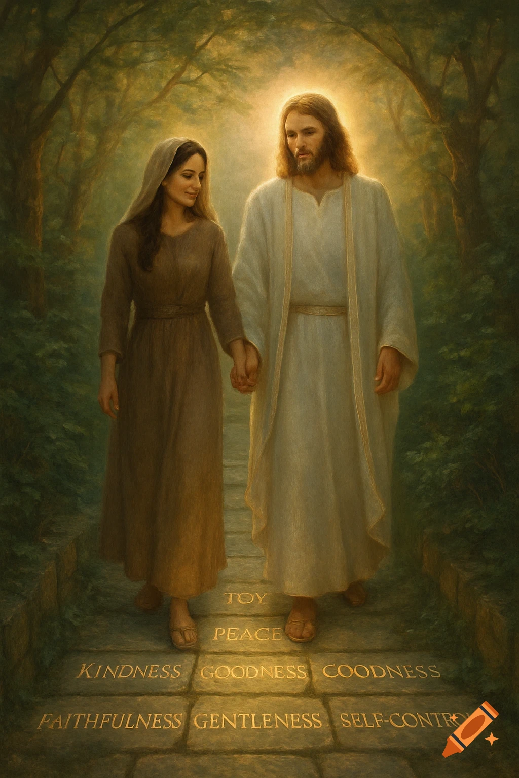 Jesus with a halo walks hand-in-hand with a woman on a glowing path in a forest, with spiritual words on the stones.