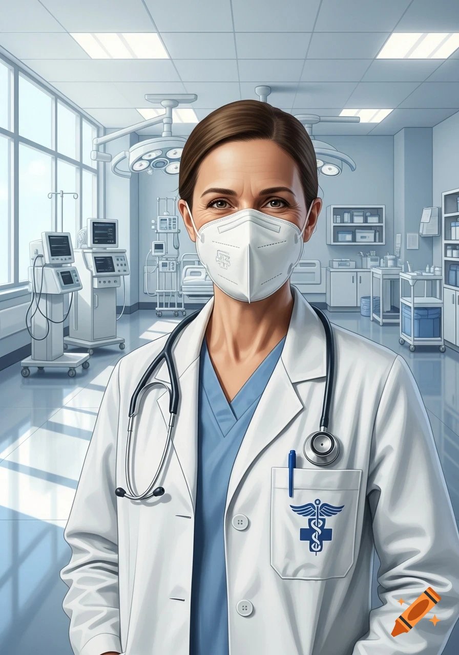 A female doctor in a white lab coat, blue scrubs, and a white face mask, with a stethoscope, standing in a medical room.