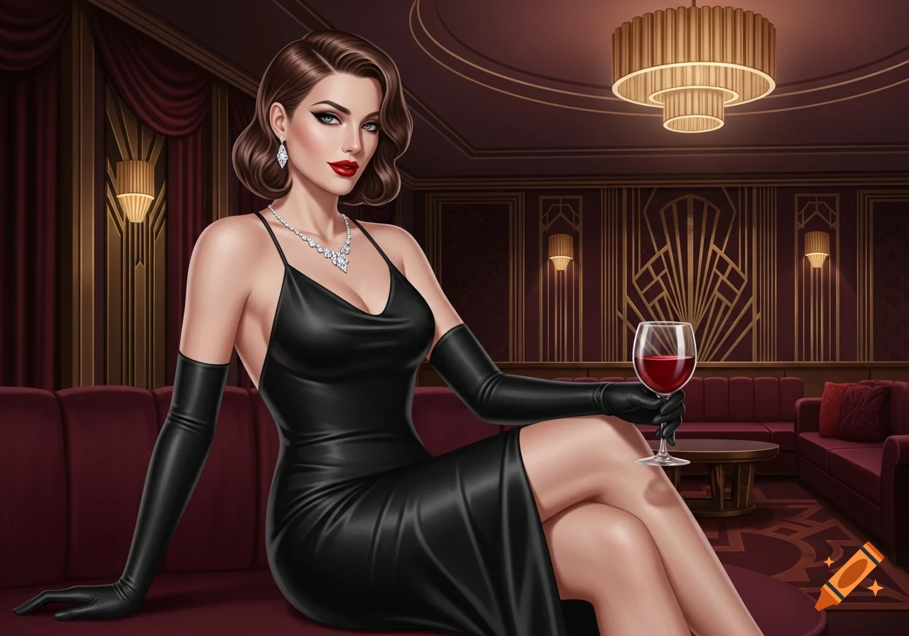 A glamorous woman in a black dress and long gloves, holding a wine glass, sits on a red couch in an Art Deco room.