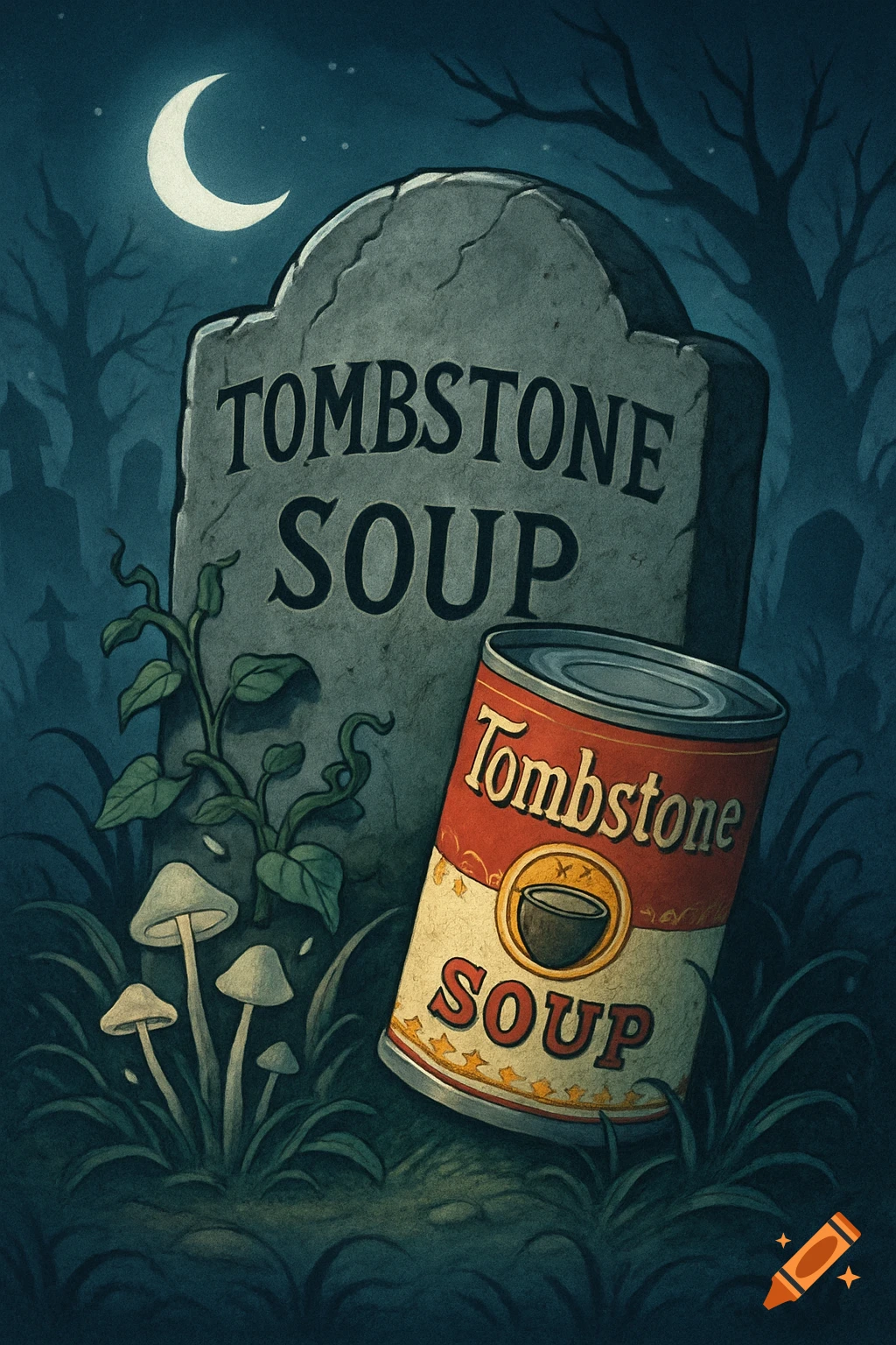 An illustration of a tombstone and a 'Tombstone Soup' can in a dark, moonlit graveyard with mushrooms.
