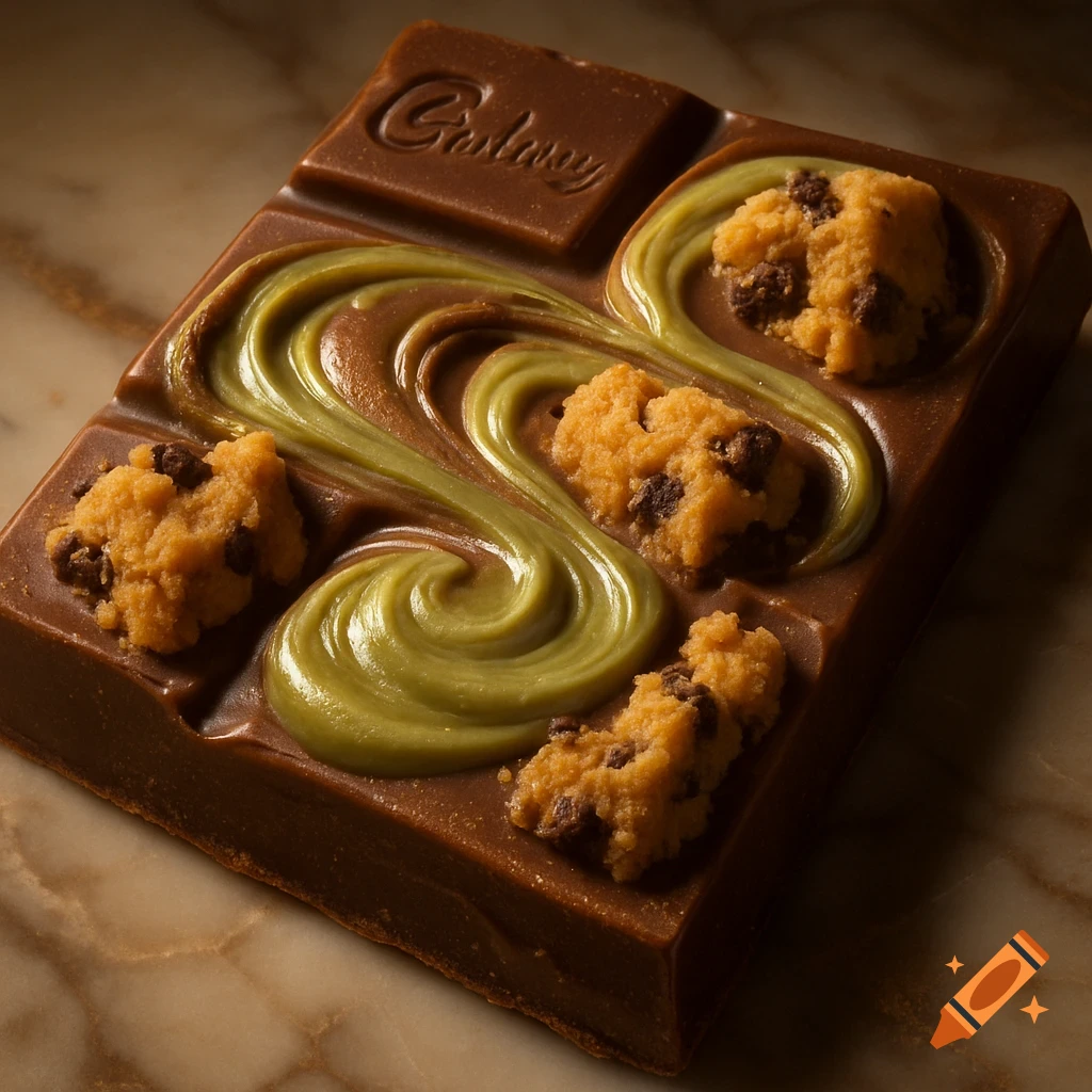 Close-up photorealistic image of a Cadbury milk chocolate bar with pistachio swirls and cookie dough chunks, on a marble surface.