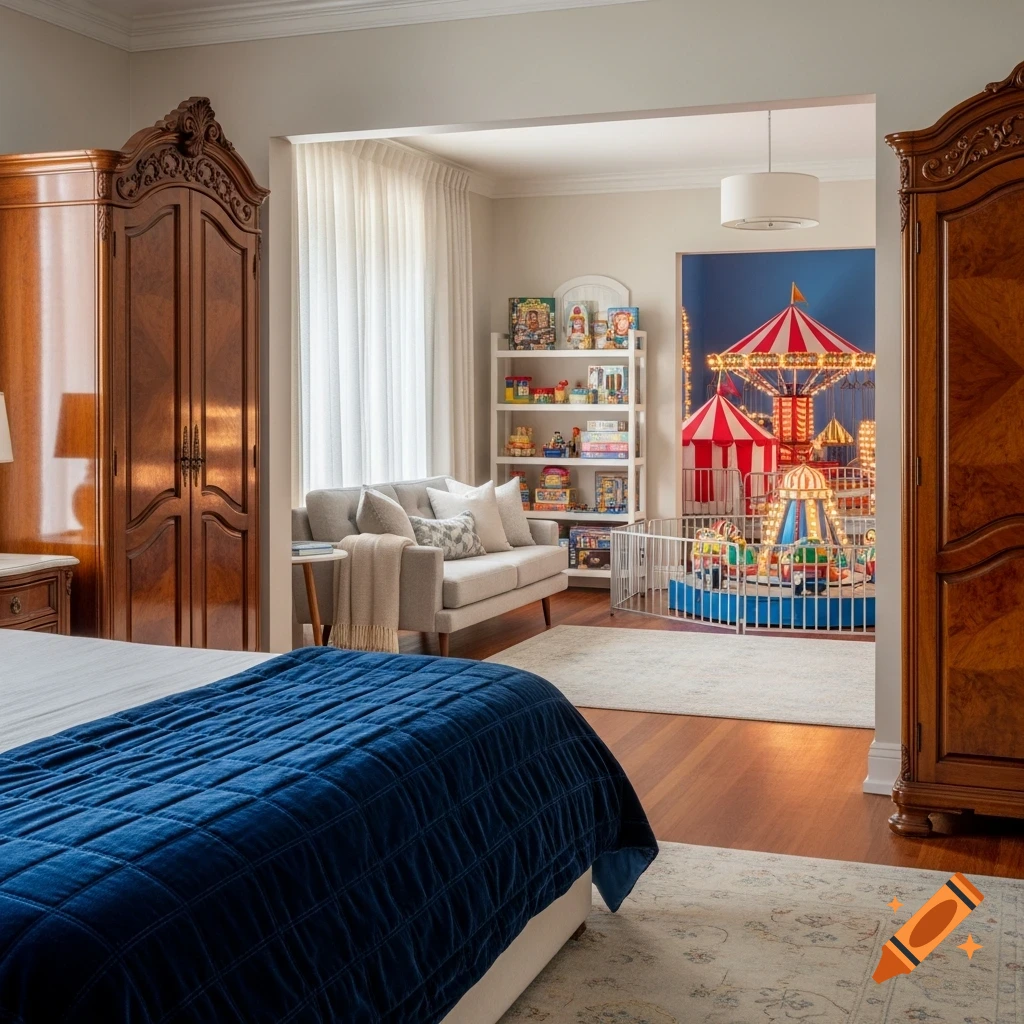 A bedroom with a blue bed and wardrobes, opening to a living area with a couch, bookshelves, and a miniature amusement park in a playpen.