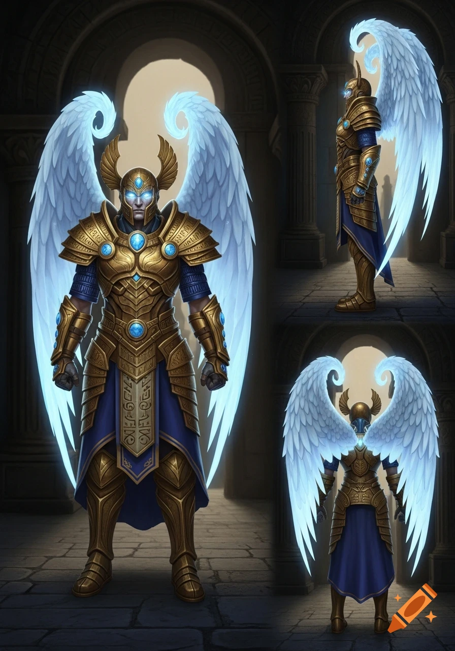 An armored angelic figure with large glowing white wings, displayed in front, side, and back profiles in a dark, ancient-looking hall. The armor is gold and blue with glowing blue accents.
