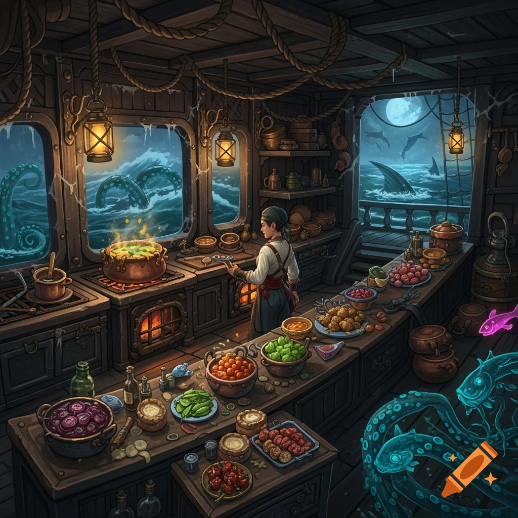 Stylized pirate ship kitchen with a cook preparing food, giant tentacles and sea creatures visible through windows at night.
