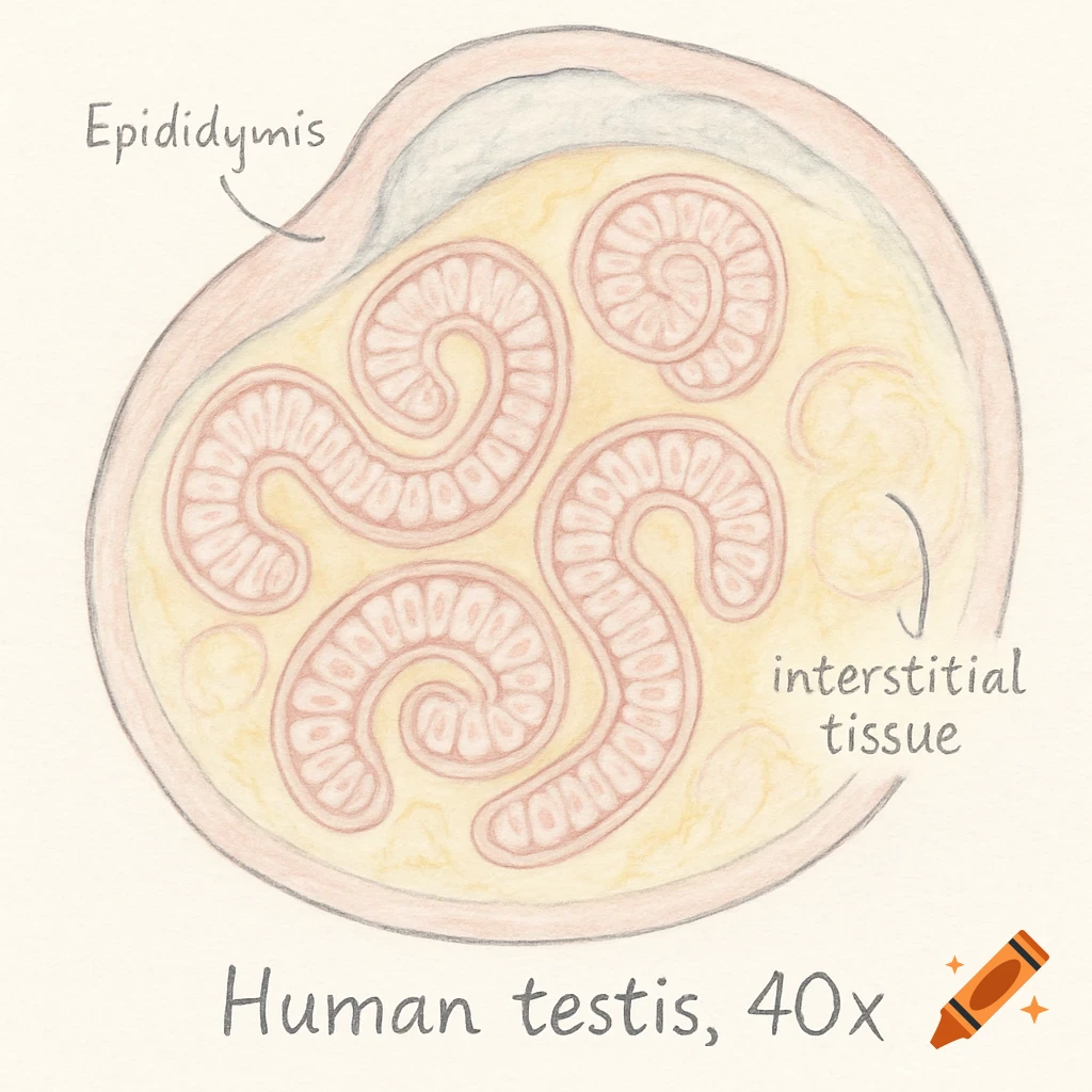 Watercolor-style sketch of a human testis cross-section at 40x magnification, showing coiled tubules, interstitial tissue, and the epididymis.