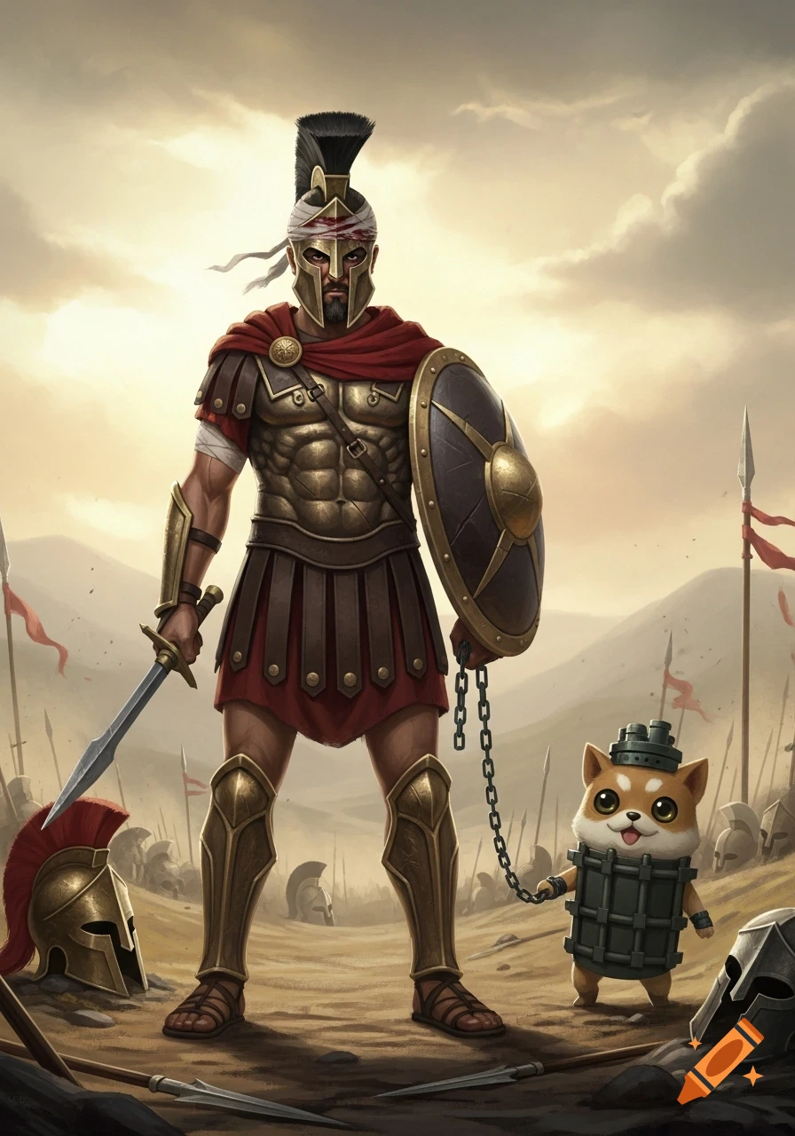 A Spartan warrior with a bandaged head wound holds a cute, barrel-armored dog-like creature on a leash on a battlefield.