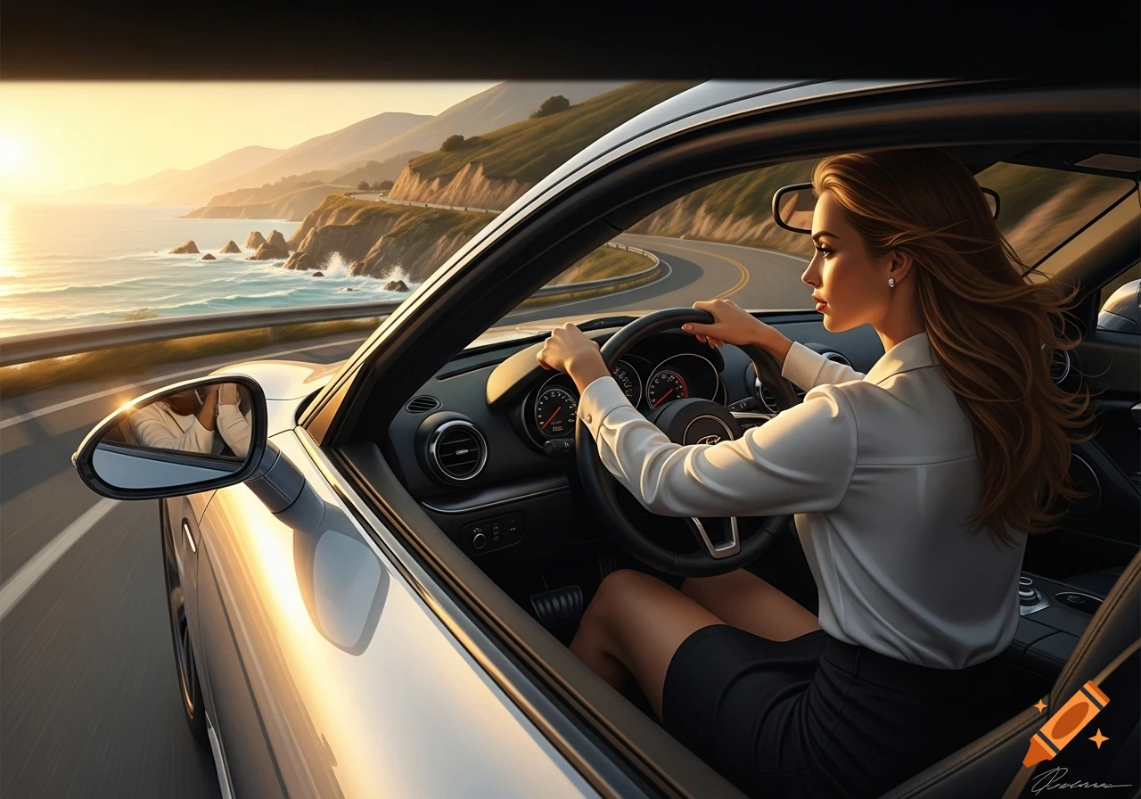 Woman driving a white sports car on a scenic coastal road at sunset, with mountains and ocean in the background.