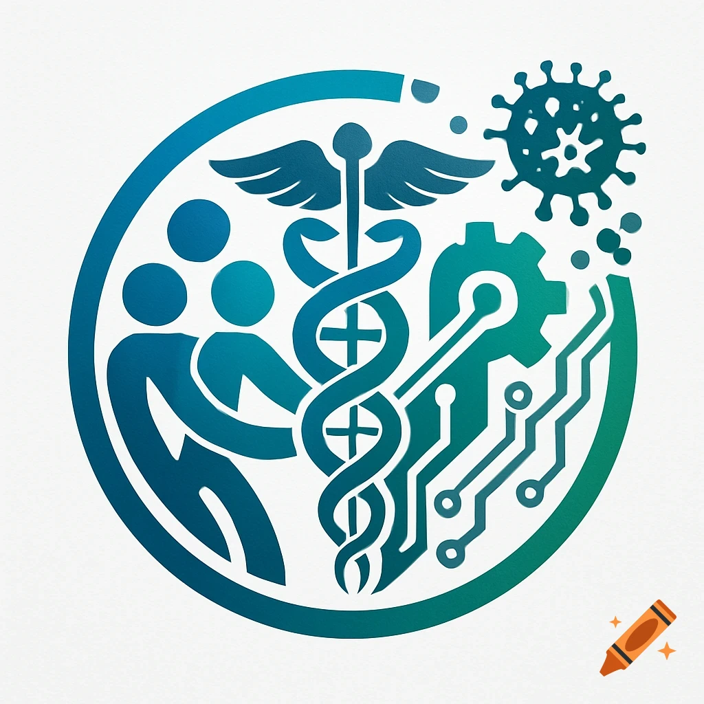 A blue and green gradient logo in a circle, featuring abstract human figures, a caduceus, a gear, a circuit board, and a virus icon.