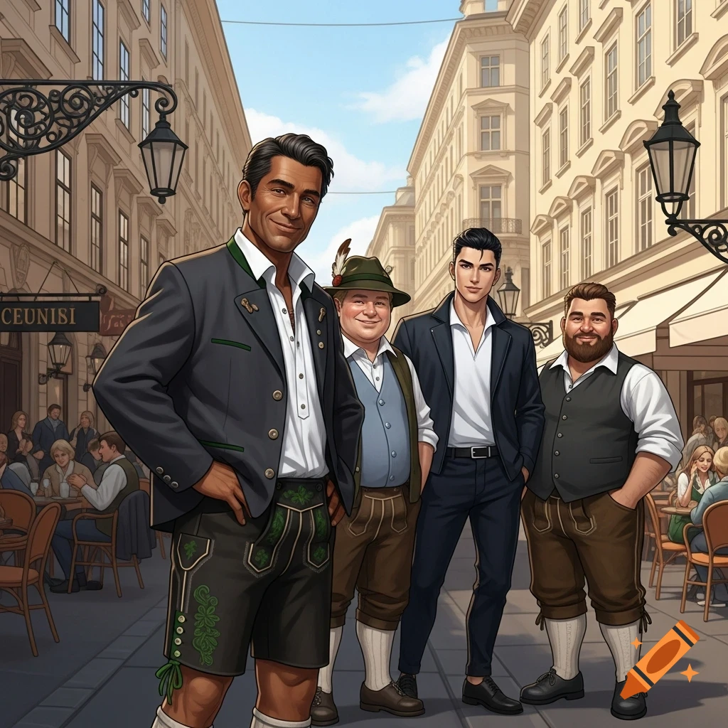 Four illustrated men in traditional European attire pose on a bustling city street with classic buildings.