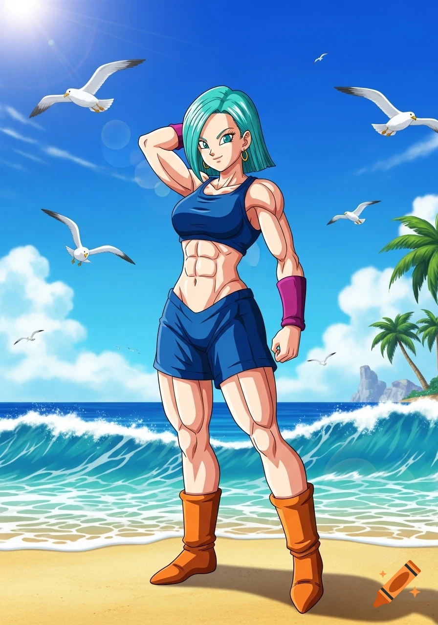 Anime-style muscular woman with teal hair, wearing a sports bra and shorts, flexing on a sunny beach with ocean waves, palm trees, and seagulls.