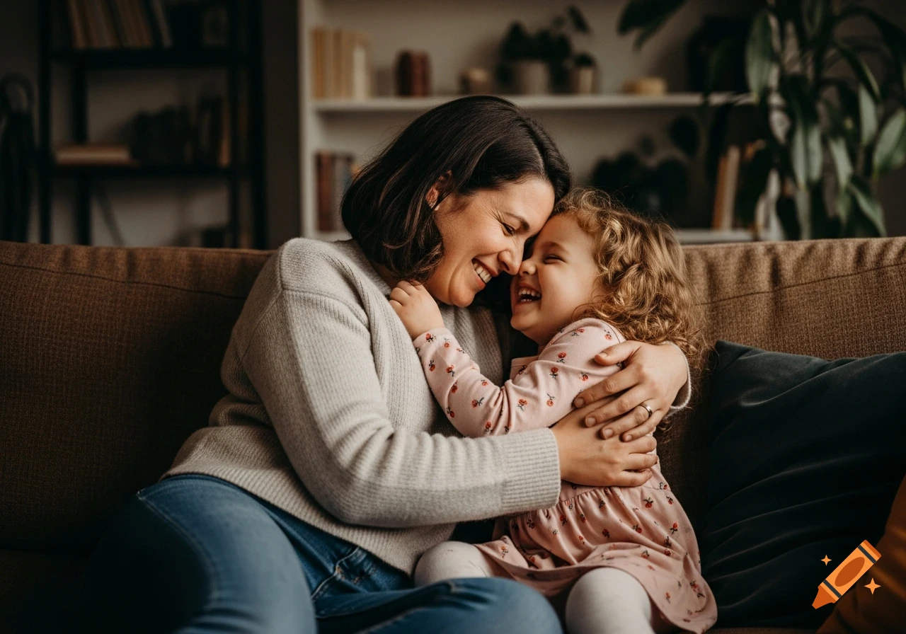 A smiling mother embraces her laughing daughter on a couch in a warm, cozy room.