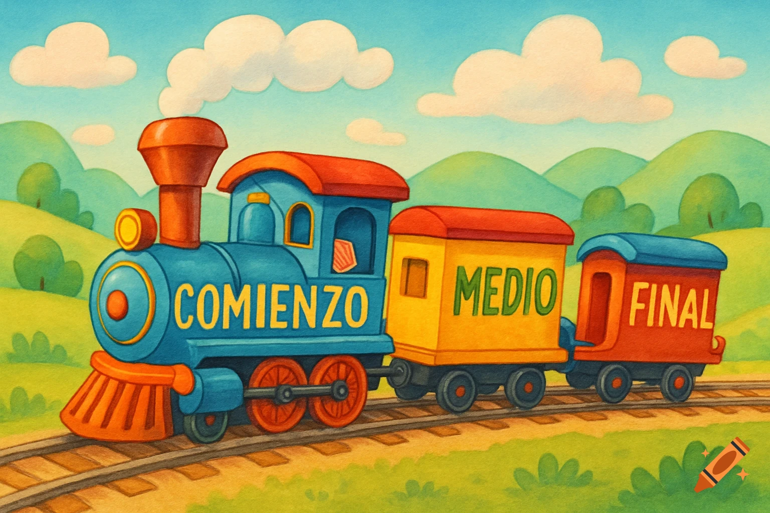 A colorful cartoon train on tracks, with 'COMIENZO', 'MEDIO', and 'FINAL' written on its wagons, in a cheerful landscape.