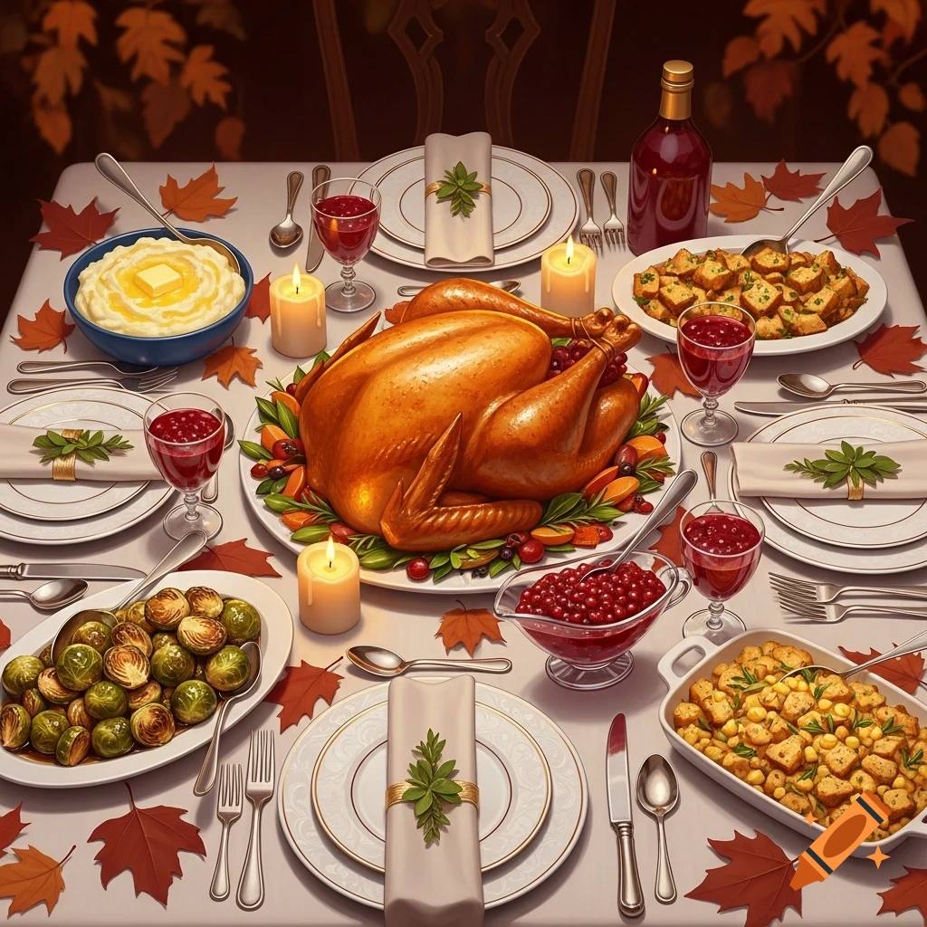 A beautifully laid Thanksgiving dinner table with a golden roasted turkey, mashed potatoes, Brussels sprouts, stuffing, cranberry sauce, wine, and lit candles, adorned with autumn leaves.