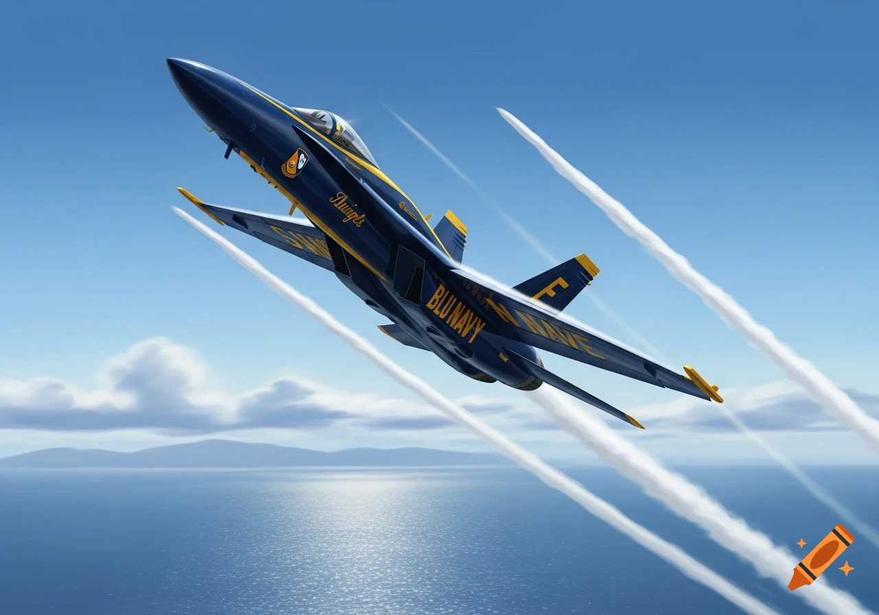 A blue and yellow navy jet flies over a blue ocean under a clear sky, leaving contrails.