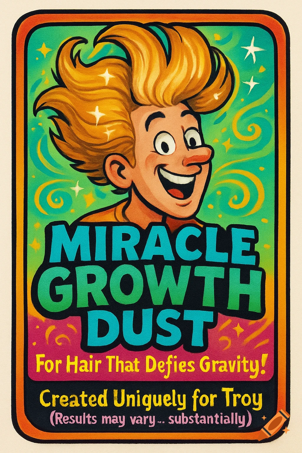 Colorful retro illustration of a happy cartoon man with spiky blonde hair on a 'Miracle Growth Dust' product label.