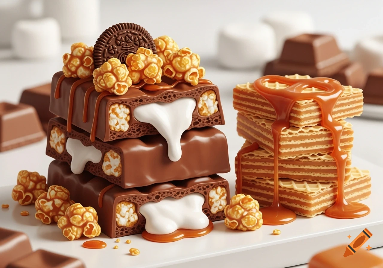A stack of three chocolate bars with white marshmallow filling, topped with caramel popcorn and an Oreo-like cookie. Beside it, caramel-drizzled wafer cookies.