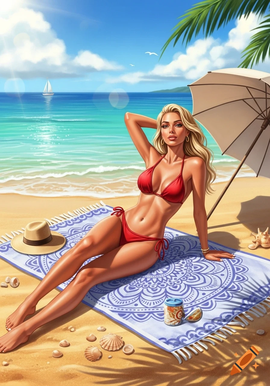 Blonde woman in a red bikini lounges on a patterned blanket on a sunny beach with the ocean, a sailboat, and an umbrella.
