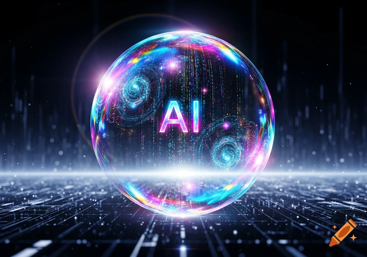 A glowing, colorful, futuristic sphere with 'AI' inside, on a dark digital circuit board.