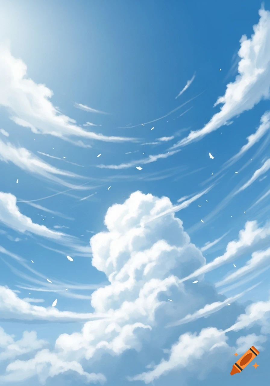 An illustrative bright blue sky with white cumulus and cirrus clouds, and scattered white petal-like shapes.