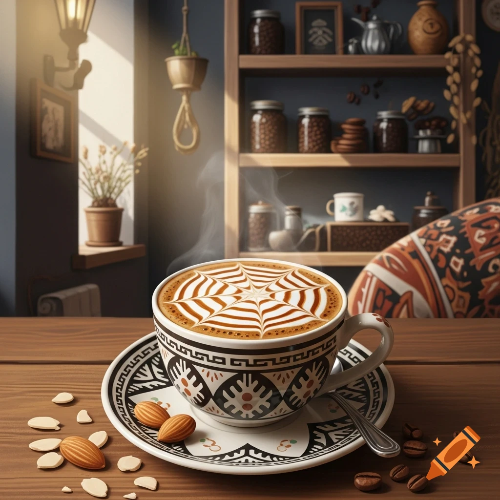 A close-up of a cup of coffee with spiderweb latte art, almonds, and coffee beans on a wooden table in a sunlit cafe.