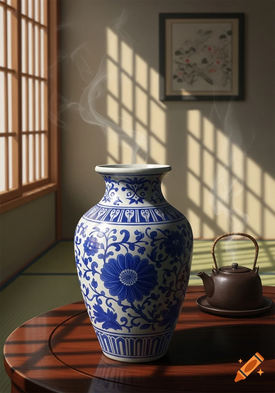 A blue and white ceramic vase with steam rising and a brown teapot on a wooden table in a sunlit room with a window.