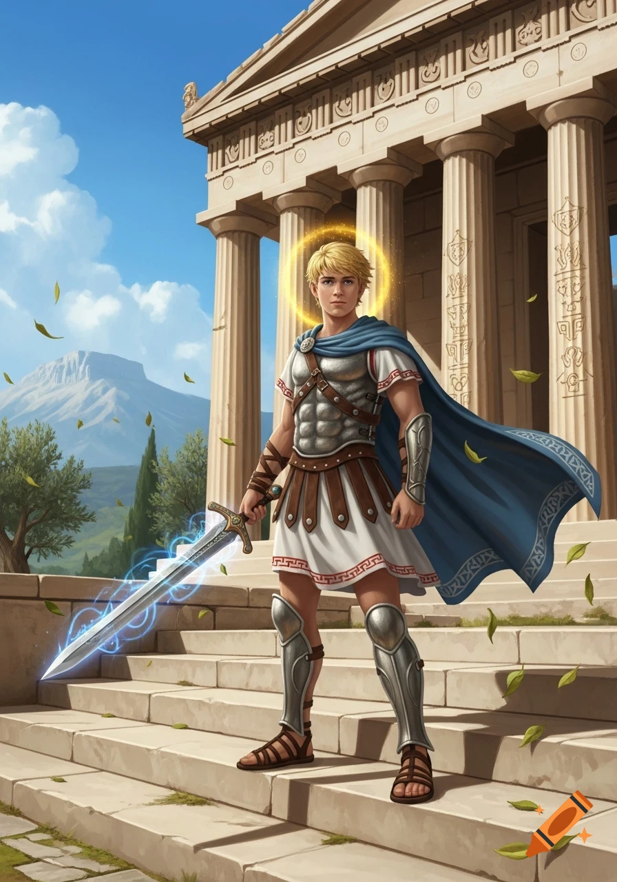 A blonde male warrior in ancient Greek armor and a blue cape holds a glowing sword, standing on temple steps.