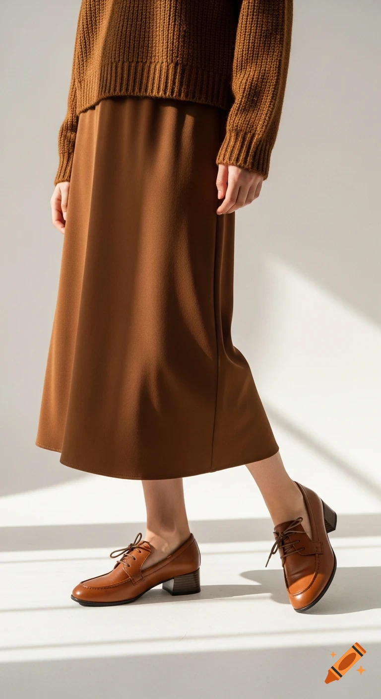 Person in brown ribbed sweater, long skirt, and brown leather lace-up loafers in a sunlit studio.